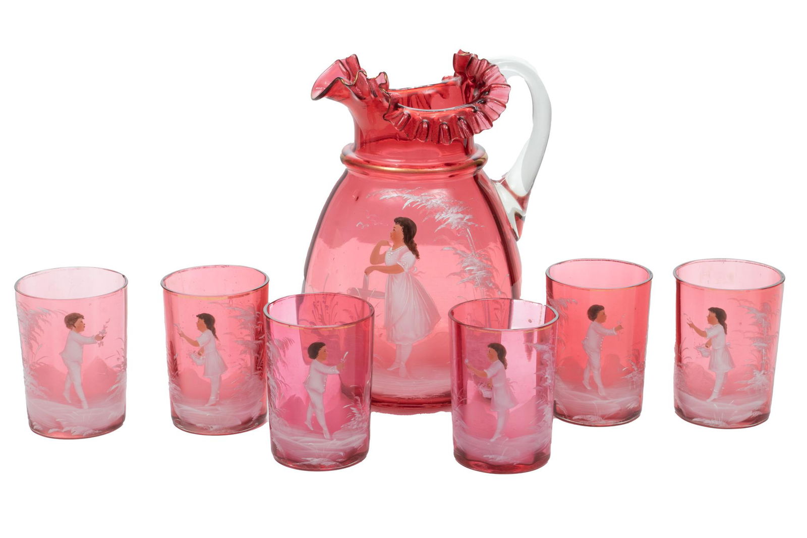 Mary Gregory (American) Cranberry Glass Lemonade Pitcher And 6 Glasses, 7 pcs (1 of 9)