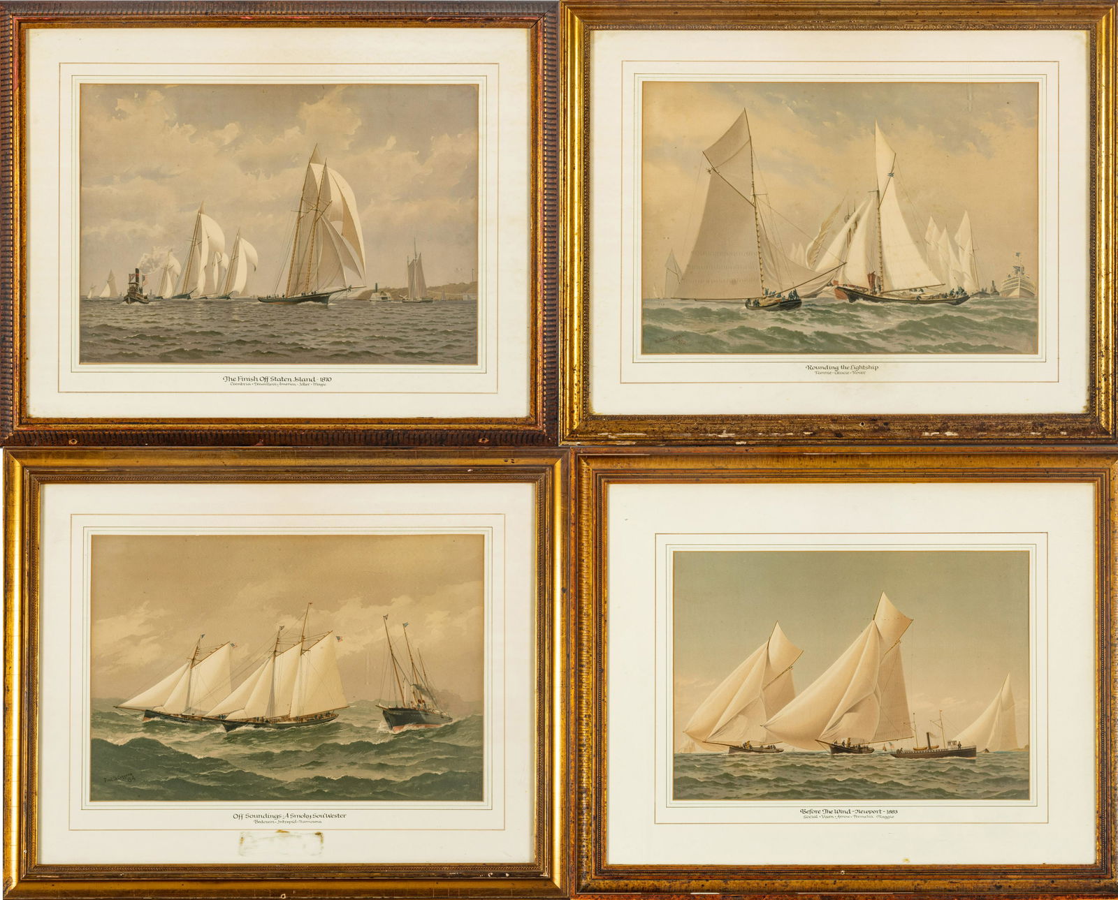 Nautical Theme Color Lithographs On Paper, 4 Pcs, H 14", W 20": Nautical Theme Color Lithographs On Paper, 4 Pcs, H 14", W 20" Frames Measure H 26" X L 32". "Rounding The Lightship", "The Finish Off Staten Island", "Before The Wind", "Off Soundings", "A Smoky Sout