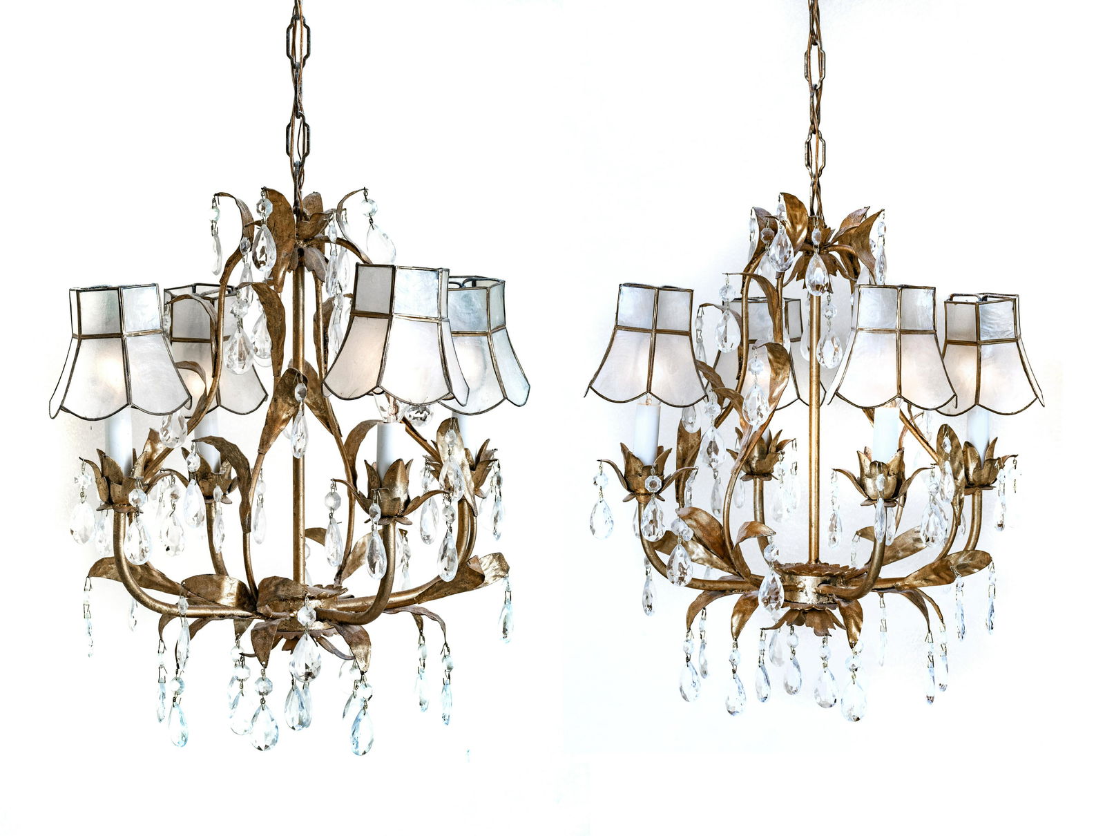 Italian Mid-Century Modern Gilt Metal And Crystal Chandeliers Pair H 20'' (1 of 3)