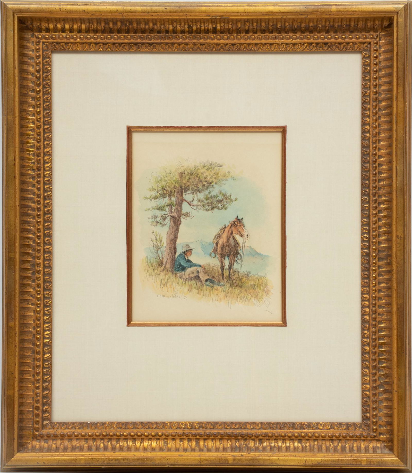 Olaf Carl Wieghorst (Danish-American, 1899-1988) Watercolor And Ink On Paper, "Cowboy And Saddle (1 of 4)