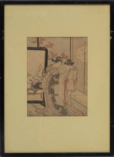 Suzuki Harunobu (Japanese) Woodblock Prints In Colors On Paper, Two Geishas, H 9.5'' W 7.25'': Suzuki Harunobu (Japanese) Woodblock Prints In Colors On Paper, Two Geishas, H 9.5'' W 7.25'' Provenance: From the Estate of David W. Osler, Ann Arbor, MI