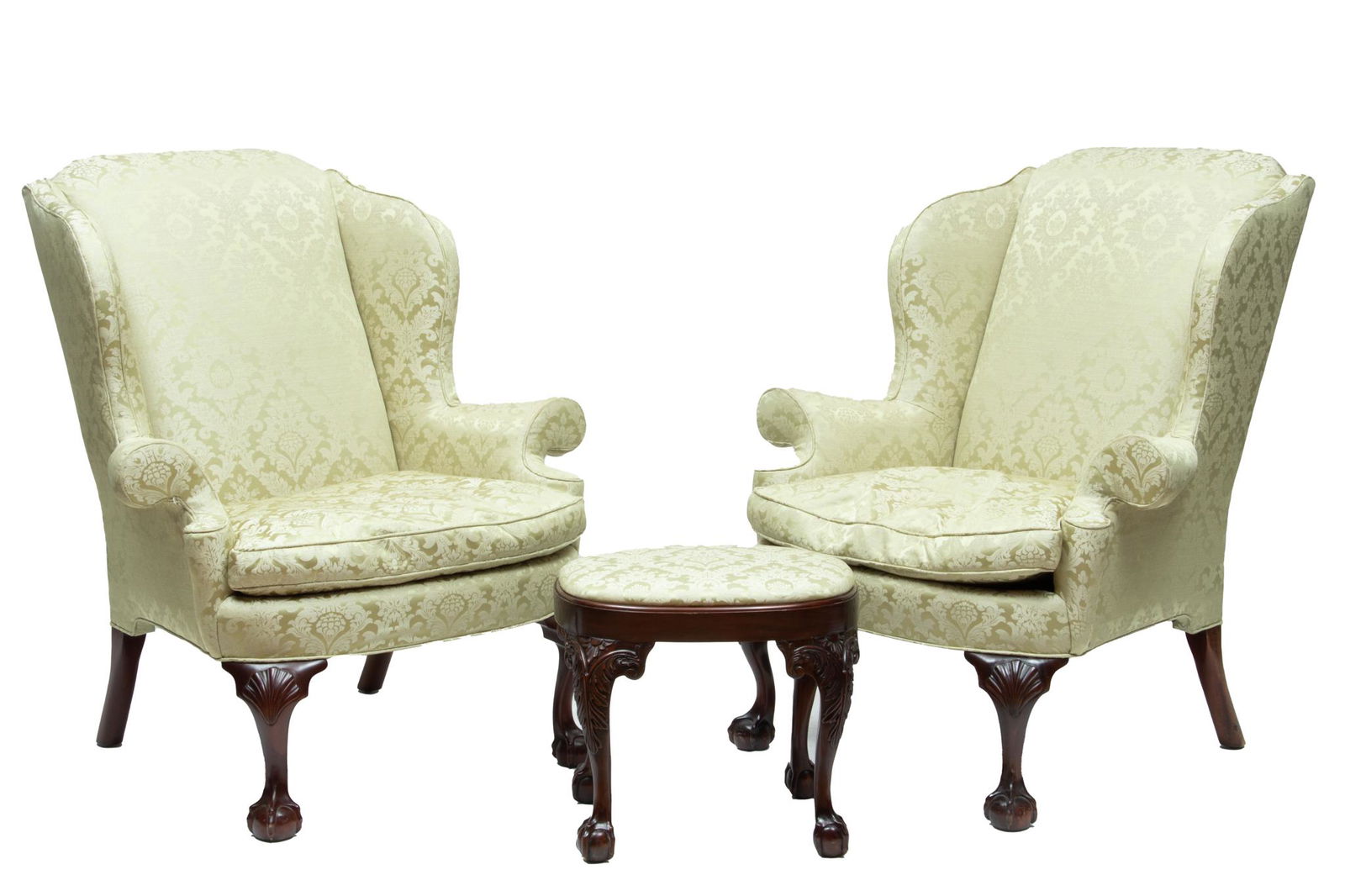 Mahogany Upholstered Chairs, Pair, + Footstool H 44'' W 38'' 3 pcs (1 of 8)