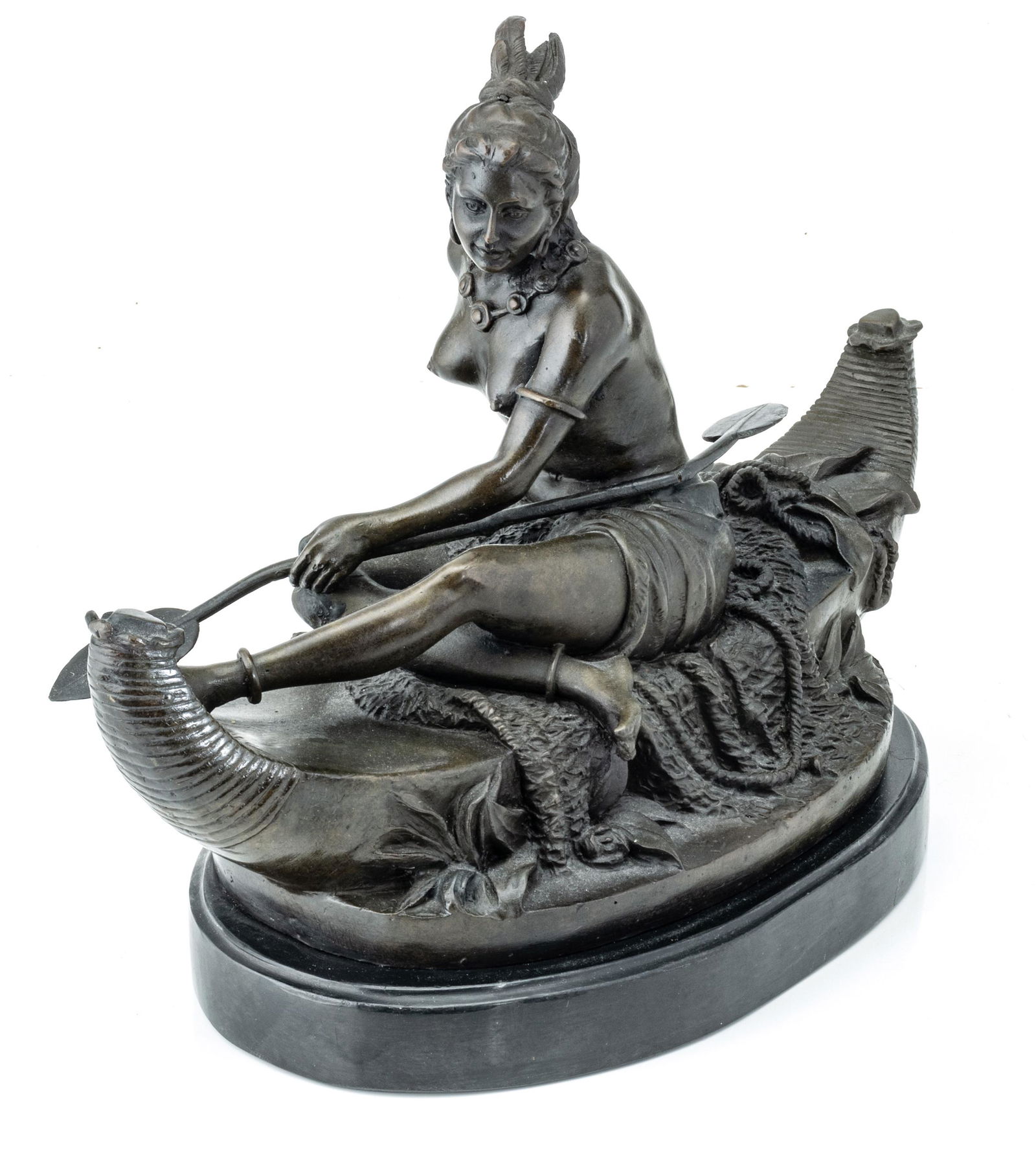 After Duchoiselle (French 19Th C.) Bronze Sculpture, H 10", L 15", Indian Maiden In A Canoe (1 of 6)
