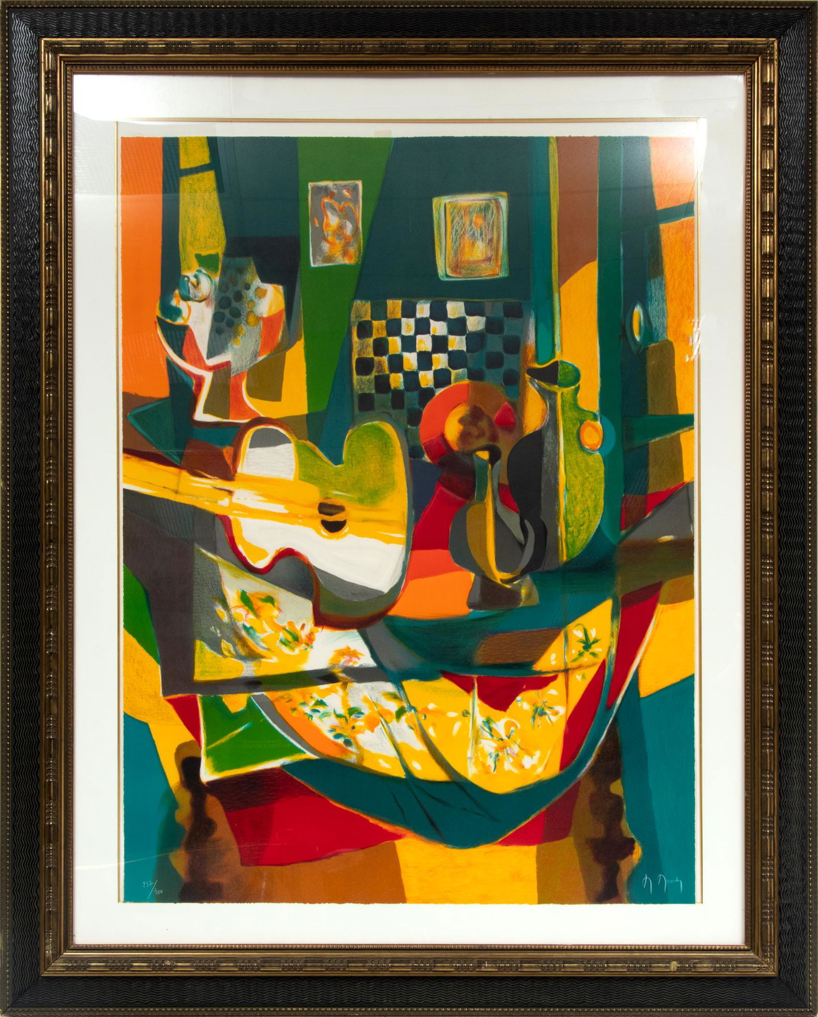 Marcel Mouly (French, 1918-2008) Lithograph On Paper, Still Life With Guitar, H 43'' W 34'': Marcel Mouly (French, 1918-2008) Lithograph On Paper, Still Life With Guitar, H 43'' W 34'' Signed lower right. Numbered 237/300 lower right. Framed H 60", W 48". Large decorative print.