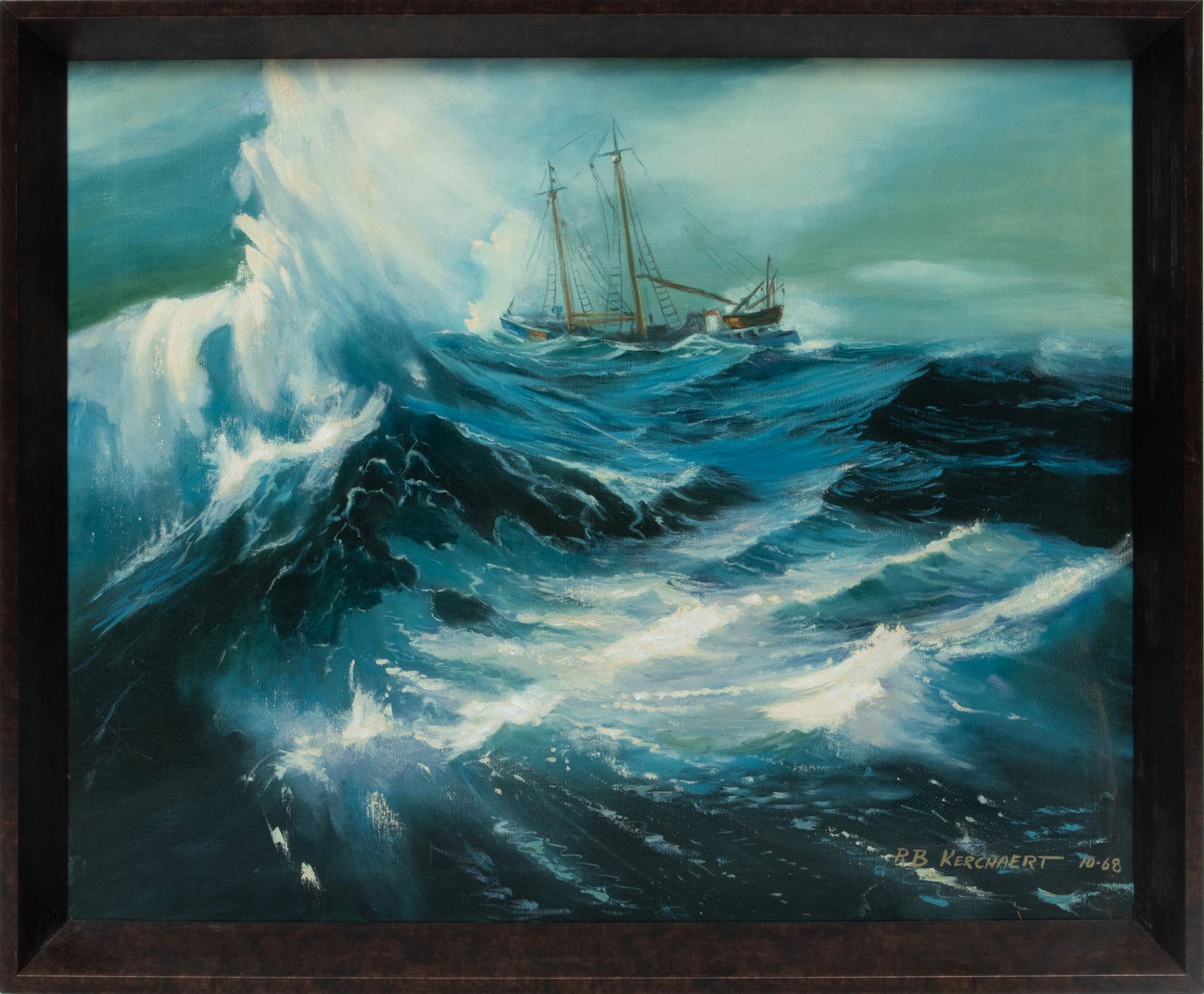 R.B. Kerchaert, Oil On Canvas,  1968, Stormy Sea With Two-Masted Ship, H 24'' W 30'' (1 of 4)