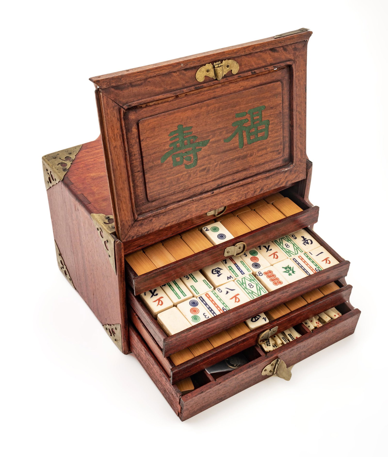 Chinese Mahjong Set, Bone Pieces, H 6.25'' W 9.25'' Depth 6.5'': Chinese Mahjong Set, Bone Pieces, H 6.25'' W 9.25'' Depth 6.5'' A vintage Chinese mahjong set encased in a brass clad rosewood box. When opened, five drawers are revealed. Each of the top four drawers