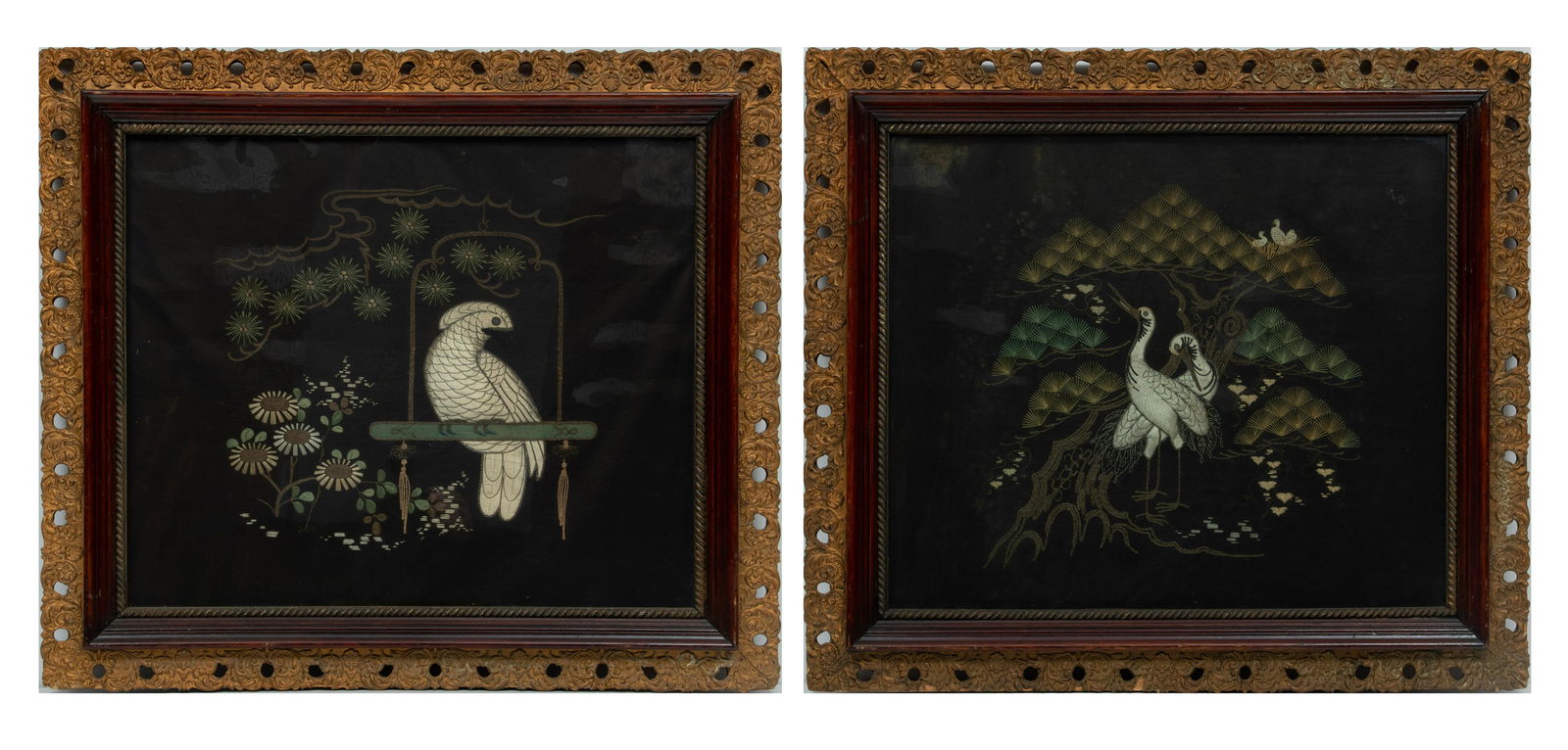 Pair of Chinese Silk Embroidery, 19th.c., Birds And Flowers, H 21.5'' W 25.5'' 1 Pair (1 of 7)