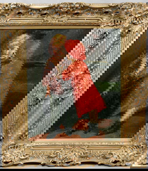 090070: JACK LEVINE, OIL ON CANVAS, CHILDREN WHISPER: JACK LEVINE OIL ON CANVAS, 20'' X 24'' " CHILDREN WHISPERING ":Signed lower right.