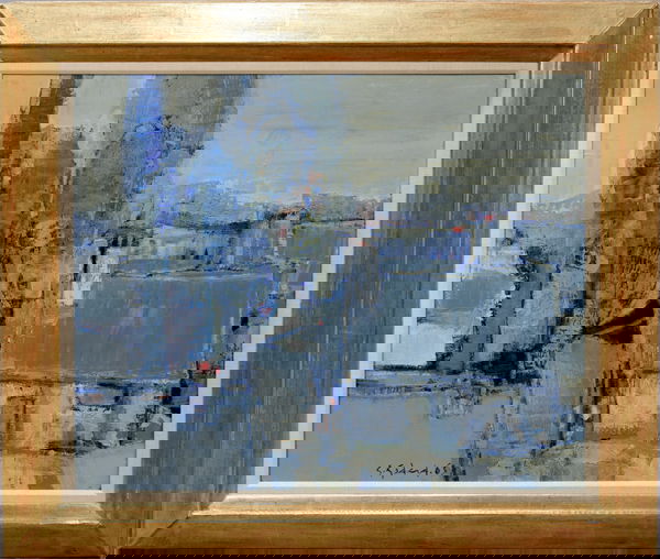 092022: G. GODARD, OIL ON CANVAS, MAISON A ERIGNY: GABRIELE GODARD (FRENCH B. 1933), OIL ON CANVAS, 1963, 23 3/4" X 28 3/4", "MAISON A ERIGNY":Signed and dated '63 lower left. Depicts abstract landscape in blue, framed with linen liner. David B. Findl