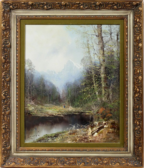 KORT OIL ON CANVAS 19" X 16", WOODED & MOUNTAIN: KORT (GERMAN, B. 1928), OIL ON CANVAS, 19" X 16", WOODED & MOUNTAINOUS LANDSCAPE:Signed at the lower left; within a gilt frame. With a W.T. Burger Co. label and stamp on the verso, along with a label