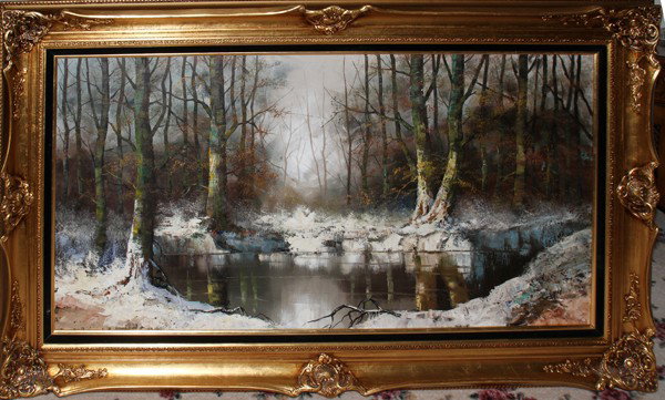 WILLI BAUER OIL ON CANVAS, 24" X 48", LANDSCAPE: WILLI BAUER (GERM. B1920), OIL ON CANVAS, 24" X 48", SNOW COVERED WINTER LANDSCAPE:Within a gilt frame. Signed at the lower left, towards the center.German