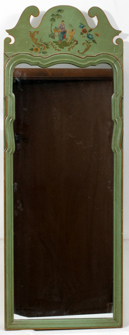 CHINOISERIE STYLE PAINTED MIRROR, H 46", W 17": CHINOISERIE STYLE PAINTED MIRROR, H 46", W 17":Having a Chippendale style cornice and painted Chinoiserie decoration.