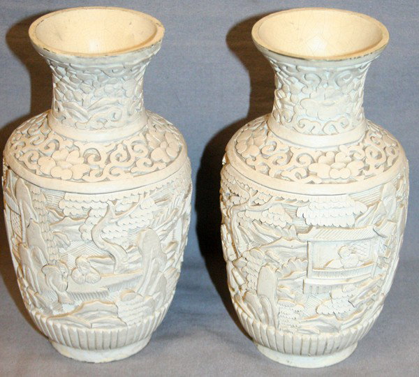 CHINESE CINNABAR VASES, 1900, PAIR, H 6" X 3": CHINESE CINNABAR VASES, 1900, PAIR, H 6" X 3":White and marked 'China', actual size 6 1/2" H. x 3 1/2" Dia.