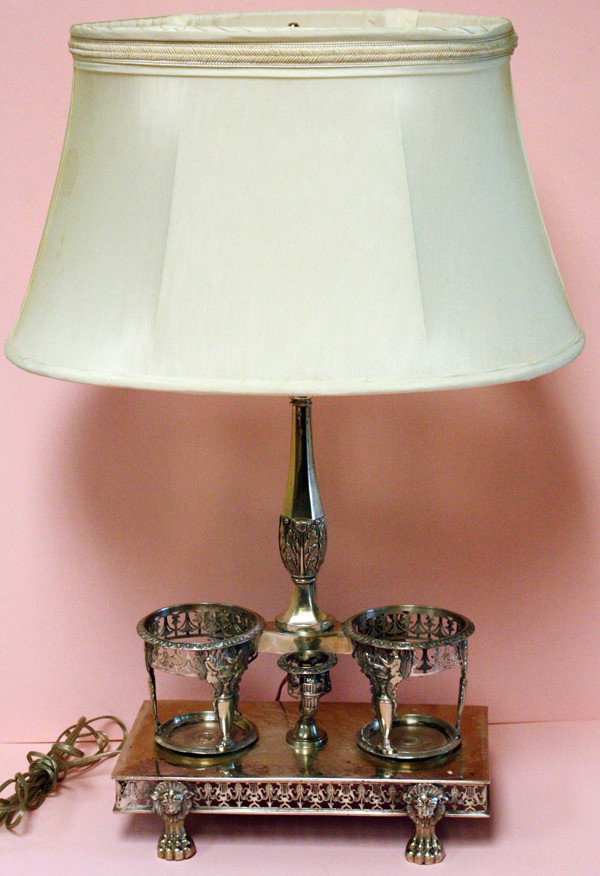 ROBINSON EDKINS & ASTON STERLING INK STAND: ROBINSON EDKINS & ASTON STERLING SILVER INK STAND, 1834, CONVERTED TO LAMP, L 9":William IV sterling ink stand by Robinson Edkins & Aston, Birmingham 1834. Rectangular shape. Shell feet Tray decorated