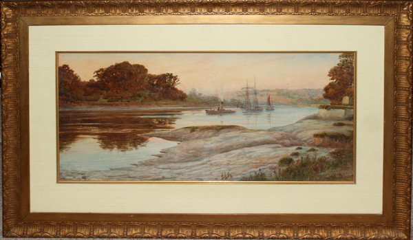 J. MILLER MARSHALL WATERCOLOR ON PAPER, 12" X: J. MILLER MARSHALL (BRIT. 19TH C), WATERCOLOR ON PAPER, 12" X 24". TUGBOAT & SAILING SHIPS:Signed lower right. Matted and framed under glass.