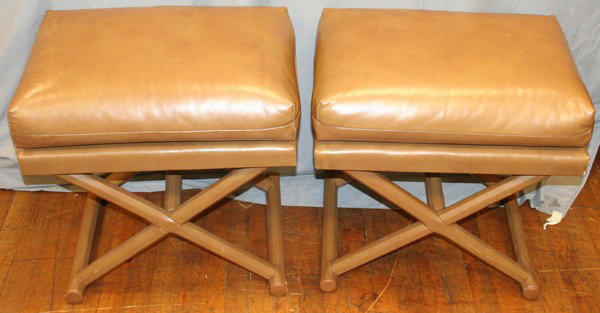 LEATHER "X" FORM STOOLS, PAIR, H 22", W 22", : LEATHER "X" FORM STOOLS, PAIR, H 22", W 22", D 17":With light brown leather upholstered cushions and "X" form hexagonal shape legs and stretchers.