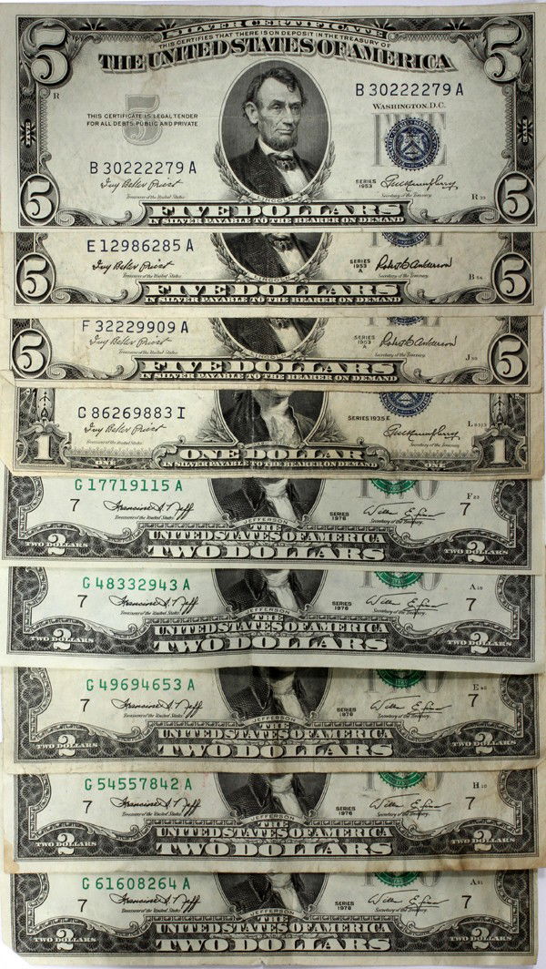 U.S. SILVER CERTIFICATES $5 DOLLAR PAPER NOTES: U.S. SILVER CERTIFICATES $5 DOLLAR PAPER NOTES:1953 and A. #B-30222279-A, #E-12986285-A, #F-32229909-A. Also, $1 dollar silver certificate note, #C-86269883-I, 1935 and $2 dollar notes, 1976 (five): #