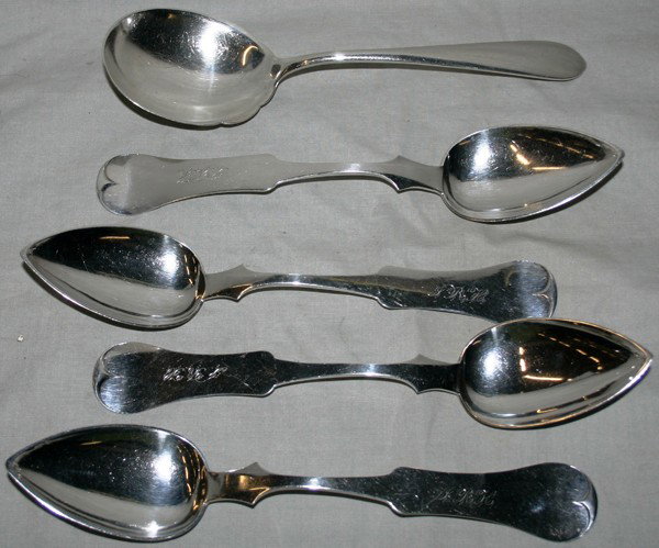 F & D KINSEY COIN AND KIRK STERLING SPOONS 5: F & D KINSEY COIN AND KIRK STERLING SPOONS 5:Four coin silver serving spoons by Kinsey. Ne sterling by Kirk.