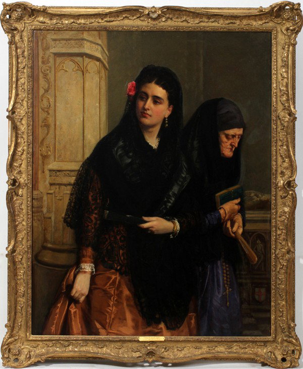 JOHN BAGNOLD BURGESS OIL ON CANVAS, 36" X 28", : JOHN BAGNOLD BURGESS (BRITISH 1830-1897), OIL ON CANVAS, 36" X 28", "YOUTH AND AGE":Two Spanish ladies; signed lower right; gilt frame. Frederick W. Thom Limited, Toronto label on verso.