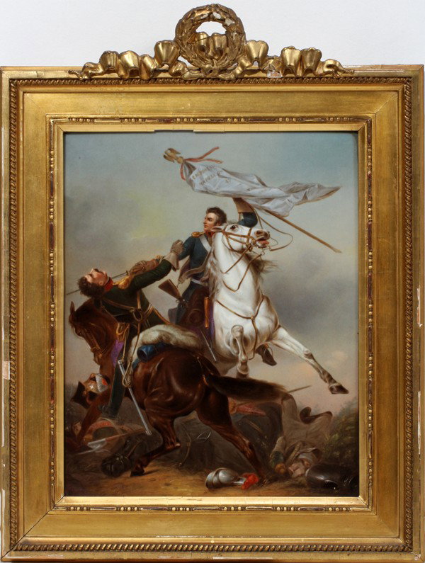 KPM BERLIN PAINTING ON PORCELAIN, 11" X 9", : KPM BERLIN PAINTING ON PORCELAIN, 11" X 9", NAPOLEON AT BATTLE:Impressed scepter mark and KPM. Germany. Also impressed numerals 15 - 223. Retailed by Marshall Field. From the Millard Bingham Collectio