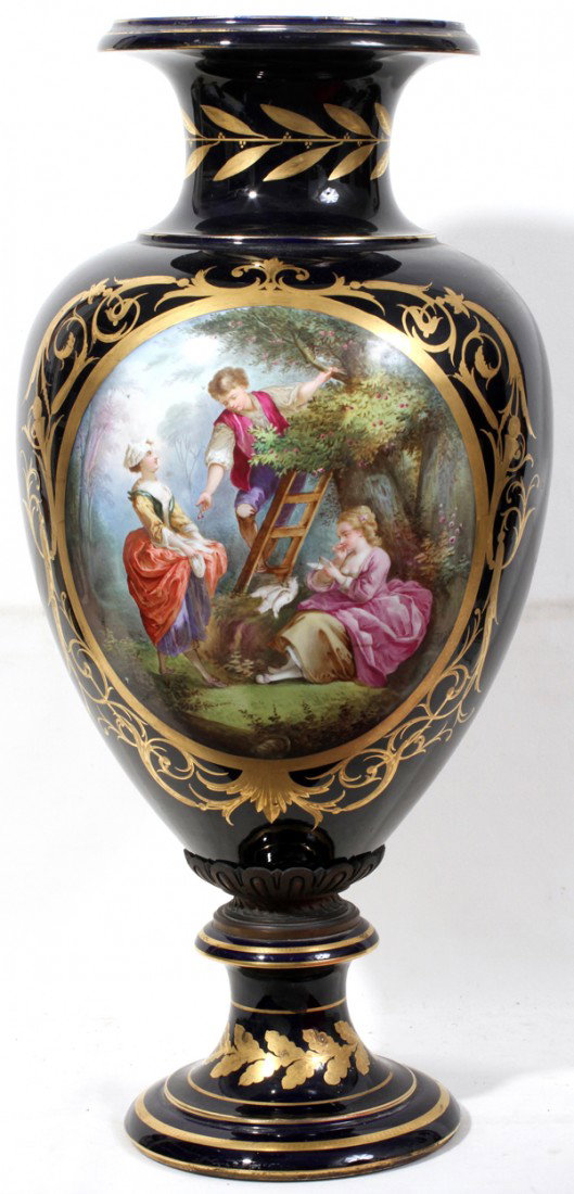 SEVRES QUALITY HAND PAINTED PORCELAIN TALL VASE: SEVRES QUALITY HAND PAINTED PORCELAIN TALL VASE, CIRCA 1900, H 30", DIA 14":Cobalt blue ground with bronze ormolu, featuring a hand painted courting scene and flowers on the reverse.