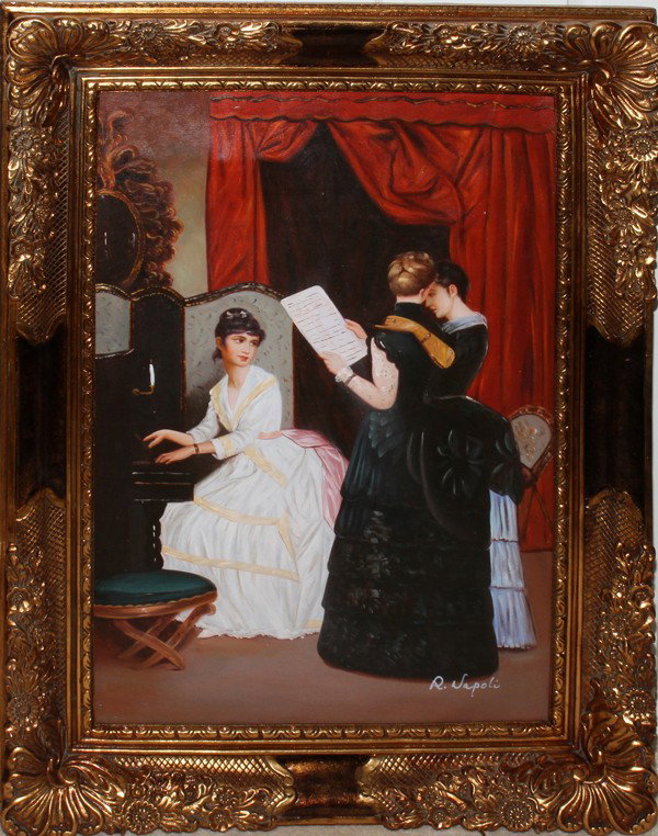 R. NAPOLS, OIL ON CANVAS, 36" X 24", MUSIC : R. NAPOLS, OIL ON CANVAS, 36" X 24", MUSIC LESSON IN THE PARLOR:Depicts 3 women in a parlor setting, with one playing the piano and the other two women reviewing sheet music. Signed at the lower right