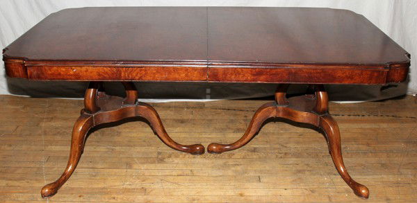WALNUT DOUBLE PEDESTAL DINING TABLE, H 28",: QUEEN ANNE STYLE WALNUT DOUBLE PEDESTAL DINING TABLE, H 28", L 70", D 40":Featuring a wood stretcher.