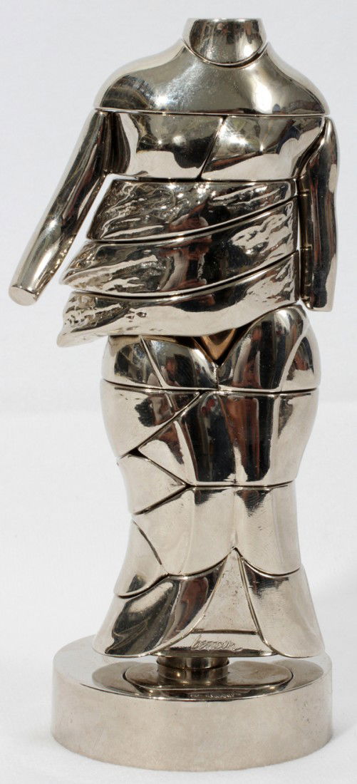 MIGUEL BERROCAL, GILT BRONZE SCULPTURE, H 5.9": MIGUEL BERROCAL, GILT BRONZE SCULPTURE, H 5.9", "MINI CARIATIDE":Mini Cariatide. #4378. Bronze nickel plated. Signed.