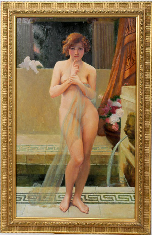 AFTER GUILLAUME SEIGNAC, MODERN OIL ON CANVAS: AFTER GUILLAUME SEIGNAC, MODERN OIL ON CANVAS, 40" X 24", STANDING FEMALE NUDE:Unsigned; gilt frame.