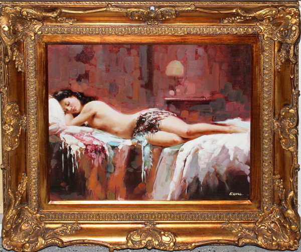 B. ALECK, OIL ON CANVAS, MODERN, 20 1/2" X 24": B. ALECK, OIL ON CANVAS, MODERN, 20 1/2" X 24", WOMEN IN HER BOUDOIR:Image depicts a partially nude woman, reclining on her bed. Signed at the lower right and within a gilt frame.