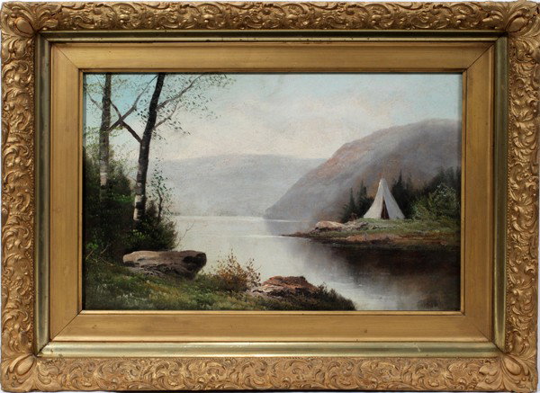 ZIAMEL, OIL ON CANVAS 19TH CENTURY 14" X 22": ZIAMEL, OIL ON CANVAS 19TH CENTURY 14" X 22":Oil on canvas depicting a river and a teepee. American, illegibly signed lower right, James Edgar Company, Brockton, MA label.