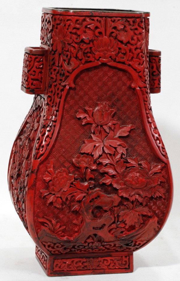 CHINESE CINNABAR 2 HANDLE VASE, H 12": CHINESE CINNABAR 2 HANDLE VASE, H 12":Carved peony and mum design.