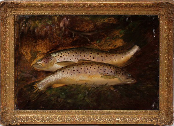BRITISH SCHOOL, OIL ON BOARD, C. 1880-1920,: BRITISH SCHOOL, OIL ON BOARD, C. 1880-1920, 16" X 24", STILL LIFE OF 2 FISH:Unsigned; period gilt frame.