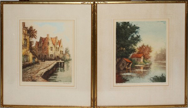 COLOR ETCHINGS, TWO, C. 1930'S, 10" X 8": COLOR ETCHINGS, TWO, C. 1930'S, 10" X 8":Including 1 etching of a European city scene, signed at the lower right in pencil, together with 1 etching signed "Pierre" in pencil at the lower right, publis