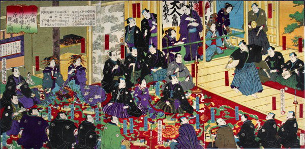 TOYOHARA KUNICHIKA UKIYO-E WOODBLOCK PRINT: TOYOHARA KUNICHIKA (1835-1900), UKIYO-E COLOR WOODBLOCK TRIPTYCH PRINT, 13 7/8" X 9 1/4" EACH PANEL:"Opening of the Banrinro in Shinagawa"; unframed.