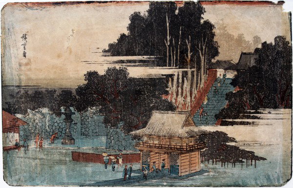 ANDO HIROSHIGE UKIYO-E COLOR WOODBLOCK PRINT,: ANDO HIROSHIGE (JAPANESE 1797-1858), UKIYO-E COLOR WOODBLOCK PRINT, 8 5/8" X 13 1/2", "MEGURO FUDO":From "Famous Places in Edo"; matted only.