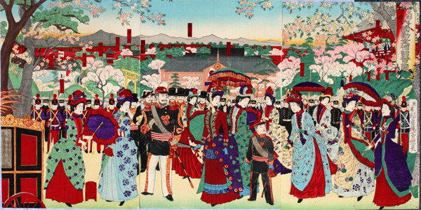 CHIKANOBU, UKIYO-E WOODBLOCK TRIPTYCH, 13 5/8": CHIKANOBU, UKIYO-E WOODBLOCK TRIPTYCH, 13 5/8" X 9 1/4" EACH PANEL, UENO PARK, INDUSTRIAL EXHIBITION:Unframed; c. 1880-81.