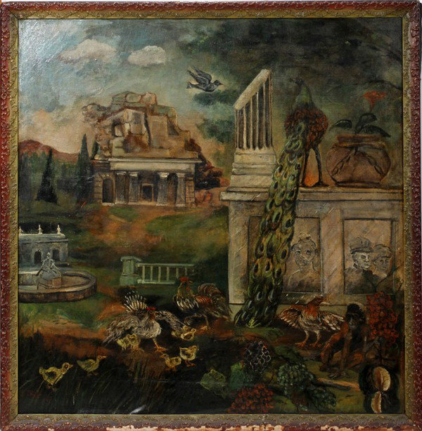 J. FRY, OIL ON CANVAS, 46" X 45", PEACOCK AND : J. FRY, OIL ON CANVAS, 46" X 45", PEACOCK AND CHICKENS:Signed lower left; framed. Height: 35".