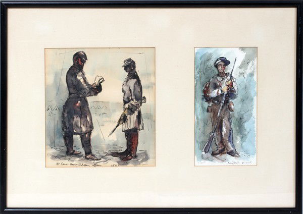W. LEWIS 2 WATERCOLORS FRAMED TOGETHER, 8" X 8": W. LEWIS (AMERICAN 20TH C.), 2 WATERCOLORS FRAMED TOGETHER, 8" X 8" & 8" X 4", CIVIL WAR SOLDIERS:"1st Conn. Heavy Artillery Officers, 1862", 8 1/4" x 7 3/4" and "Confederate Recruit", 8 1/4" x 4 1/4"