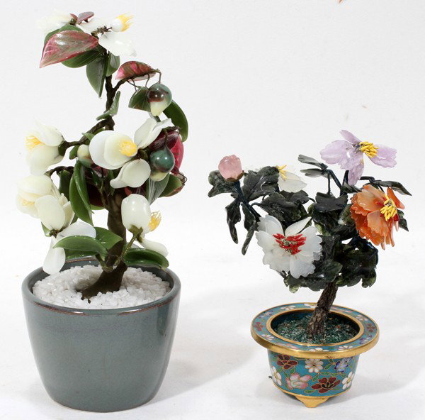 CHINESE & JAPANESE POTTED FLOWERS, MODERN, TWO: CHINESE & JAPANESE HARDSTONE & GLASS POTTED FLOWERS, MODERN, TWO, H 5 1/2" & 8":Including 1 smaller cloisonné pot with hardstone flowers and 1 larger with glass flowers and porcelain pot, marked "Jap