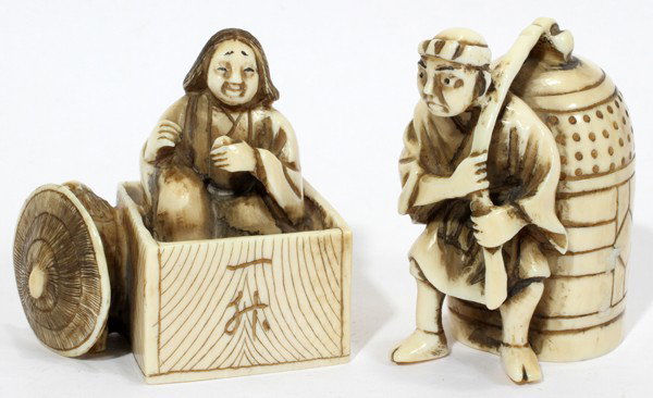 JAPANESE IVORY FIGURAL NETSUKE (2), SIGNED: JAPANESE IVORY FIGURAL NETSUKE (2), SIGNED, H 1 3/4" & 2":Including 1 figure seated in a box and 1 with large cage; both are signed.