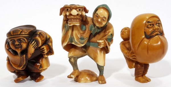 JAPANESE IVORY FIGURAL NETSUKE (3), SIGNED: JAPANESE IVORY FIGURAL NETSUKE (3), SIGNED, H 1 1/2"-2":One of which with polychrome decoration; all are signed.