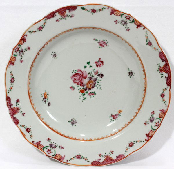 LOWESTOFT PORCELAIN SOUP PLATE, 18TH C.: LOWESTOFT PORCELAIN SOUP PLATE, 18TH C., DIA 8 3/4":A pastel floral spray at the well, lattice and floral swag motif at the rim. Property of Virginia McMillan Lambrecht, Grosse Pointe Shores.