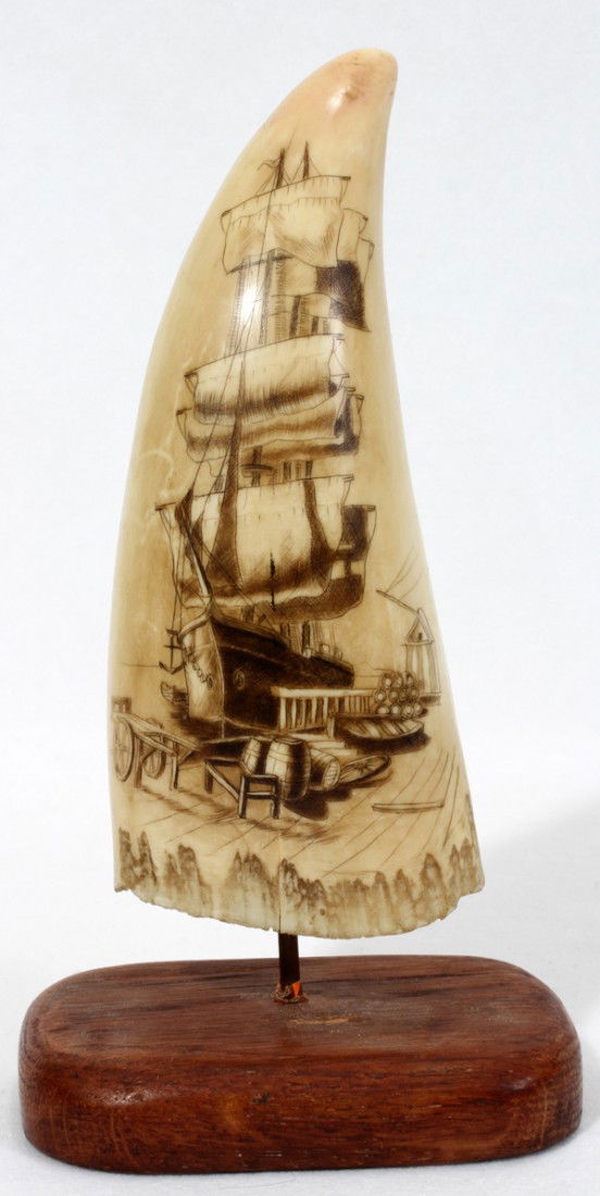 IVORY SCRIMSHAW, SIGNED "MELENA",: IVORY SCRIMSHAW, SIGNED "MELENA", H 5 1/4":Signed (see additional photo), engraved ship and dock side "Moby Dick".