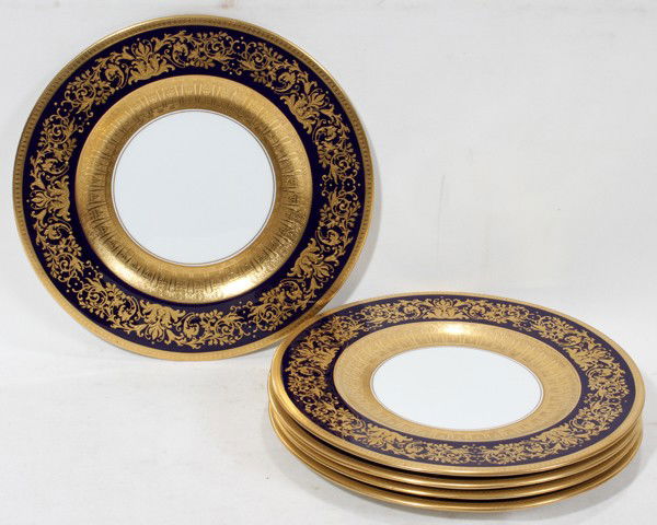 CROWN STAFFORDSHIRE PORCELAIN SERVICE PLATES,: CROWN STAFFORDSHIRE PORCELAIN SERVICE PLATES, SET OF FIVE, DIA 10 3/4":Most elegant service plates with cobalt blue and raised fired gold. Circa 1930. Identical plates on display at Ringling Museum in