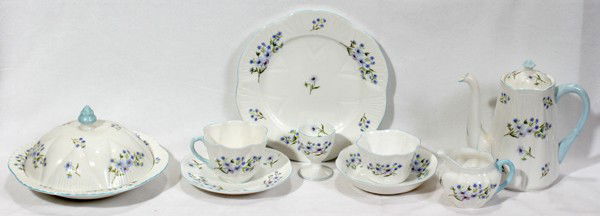 SHELLEY 'BLUE ROCK' BONE CHINA BREAKFAST SET,: SHELLEY 'BLUE ROCK' BONE CHINA BREAKFAST SET, 17 PIECES:Including 1 individual coffee pot, H.6 3/4", 1 creamer, 1 sugar bowl, 1 covered entrée dish, Dia.8", 2 egg cups, H.2 1/2", 2 plates, Dia.8", 2