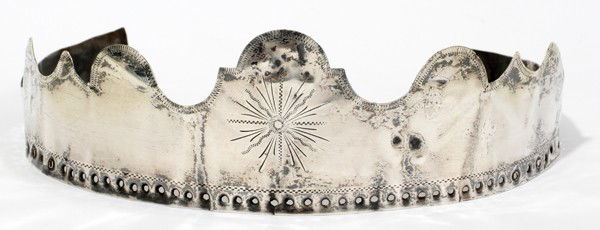 ANTIQUE SILVER CROWN, H 2", DIA 6": ANTIQUE SILVER CROWN, H 2", DIA 6":Etched star motif at the center, perforated along the base. Ex. Collection of James O. Keene.