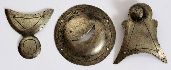 NATIVE AMERICAN SILVER ORNAMENTS, C. 1900: NATIVE AMERICAN SILVER ORNAMENTS, C. 1900, THREE, W 1 3/4"-2":No apparent marks. Ex. Collection of James O. Keene.