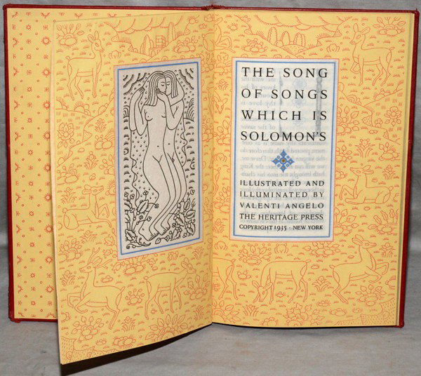 ILLUSTRATED & ILLUMINATED BY VALENTI ANGELO,: ILLUSTRATED & ILLUMINATED BY VALENTI ANGELO, 'THE SONG OF SONGS WHICH IS SOLOMON'S', 1935:Published by the Heritage Press, New York; red tooled leather cover.