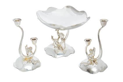 Cartier (Paris, 1847) 'Deer' Sterling Silver Centerpiece Bowl & Candlesticks, H 7'' Dia. 10'' 29t oz (1 of 6)
